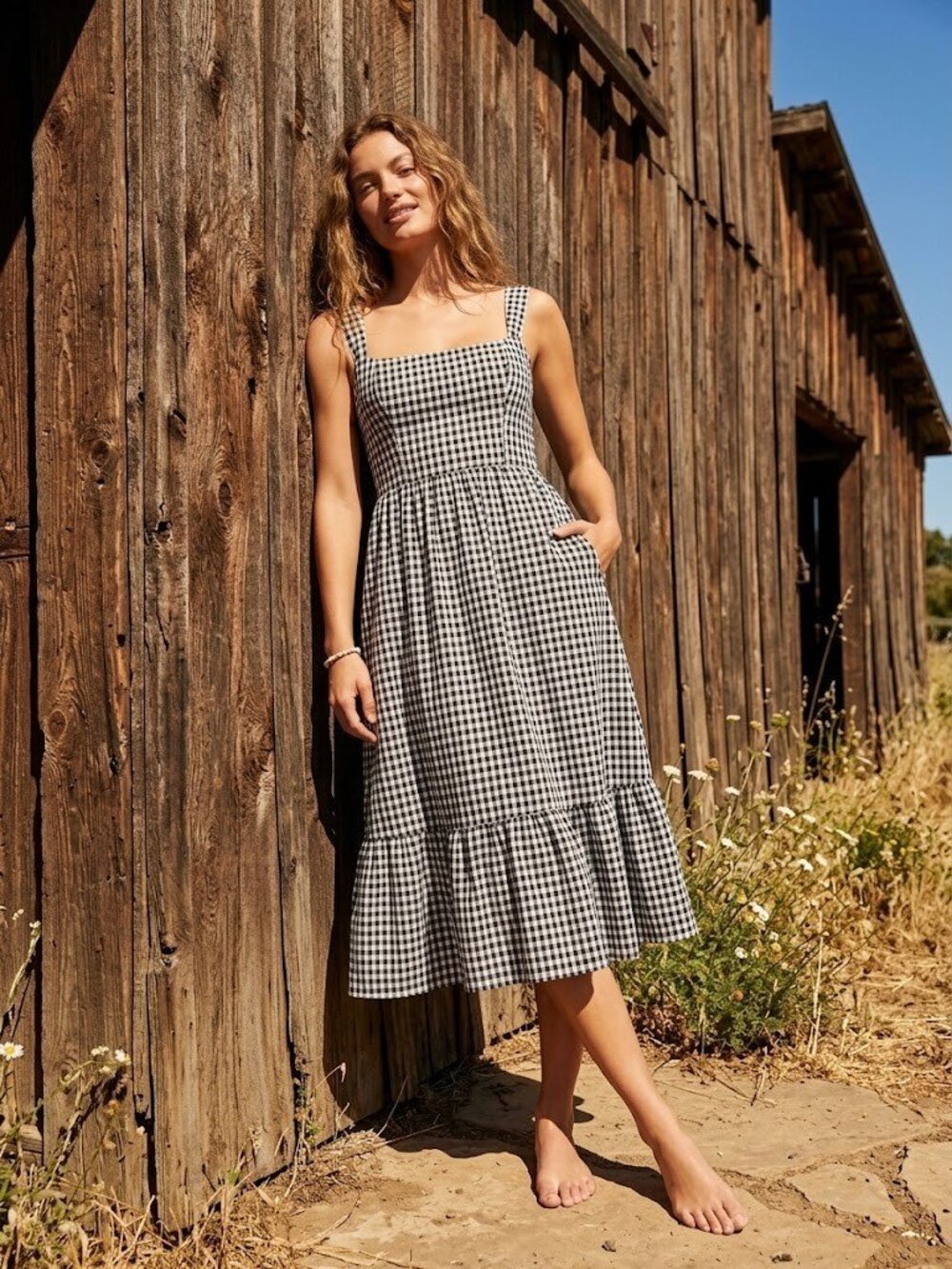 NWT Reformation Bucatini in April Check Linen Sleeveless Tank Tiered Dress 12